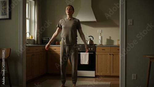Relaxed Woman Performs Gentle Morning Stretches Barefoot in Her Cozy Kitchen