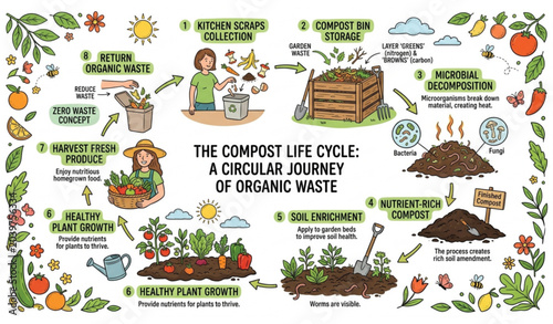 Quadro su tela Compost Life Cycle Infographic Hand Drawn Vector Illustration Showing Organic Wa