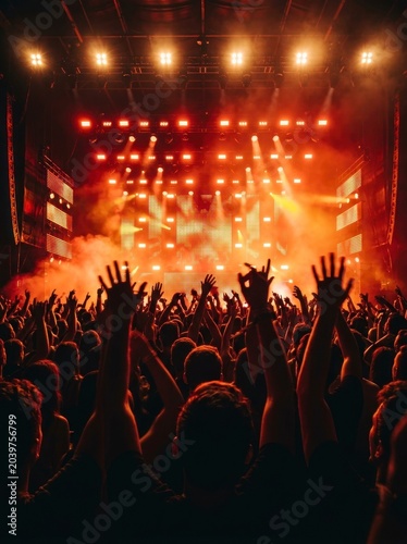 Crowd with hands raised at a music concert, light show