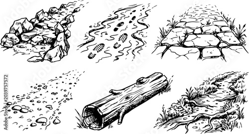 Detailed black and white vector illustration set displaying various natural ground textures and outdoor path elements