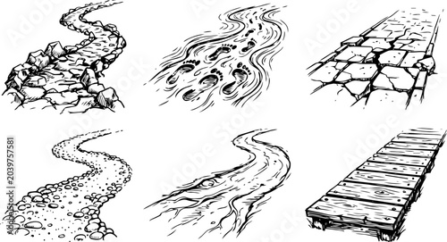 Detailed hand drawn vector illustration set featuring various types of outdoor walking paths and trails