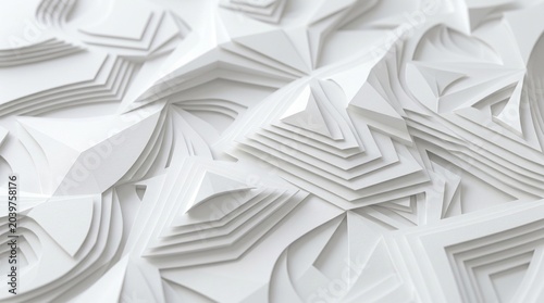 An elegant abstract image of a white paper-cut texture featuring sharp, layered geometric shapes. The multi-layered design creates a 3D effect with subtle shadows, resembling sharp architectural patte