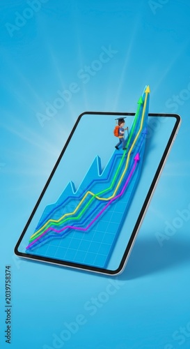 Smartphone displays upward trending graph.