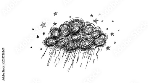 Black line art rain cloud with stars, sketchy scribble concept on transparent background. Сloud raining with hand-drawn stars around it.