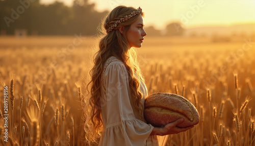 Woman holding bread in a wheat field at sunset
