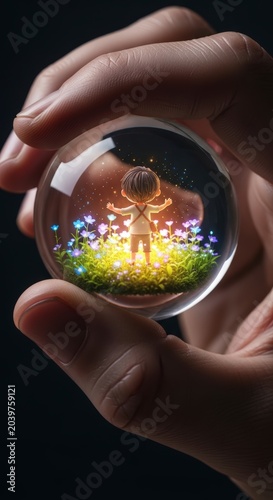 Person holding glass ball with tiny figure.