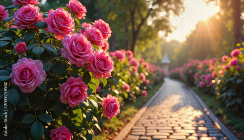 Pink roses blooming along a stone pathway at sunset
