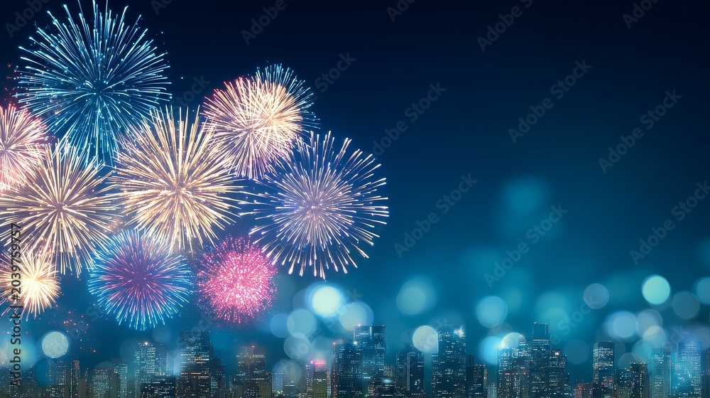Fototapeta premium Fireworks celebration over city skyline night spectacular display urban environment aerial view festive atmosphere