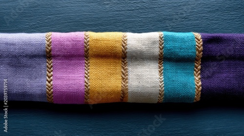 Colorful striped woven textile with intricate braid details adding texture and character to the