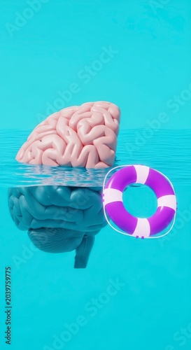 Brain floating with life preserver underwater.
