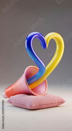 Colorful heart shaped sculpture on pillow.