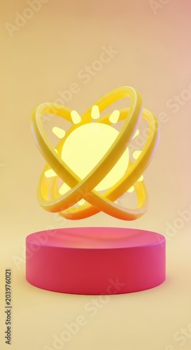 Golden abstract shape on pink pedestal.