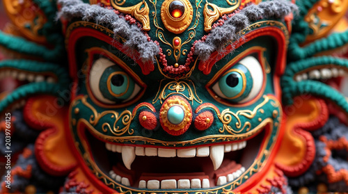 Vibrant Balinese mask with intricate gold details and fierce expression