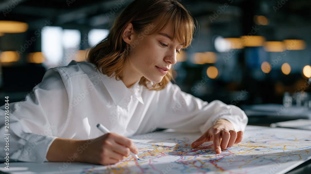 Fototapeta premium Supply chain risk analyst marking disruption zones on a printed freight network map spread across a planning table, empty industrial office at midday, window light casting grid-shadow across freight