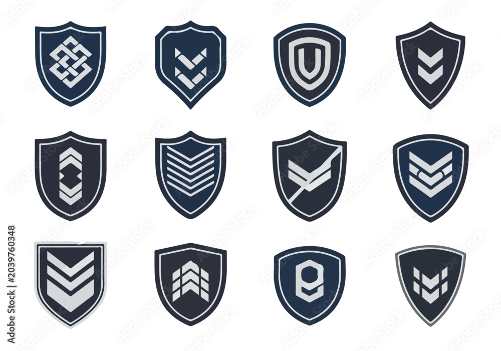 Obraz premium Set of military and security shield logos with various chevron and emblem designs