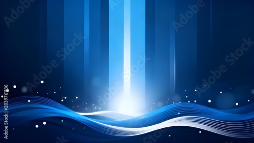 Abstract blue background with glowing light beam and wavy lines