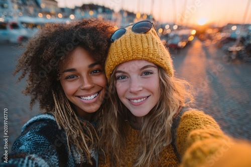 Two friends taking selfie at marina during sunset with boats in background