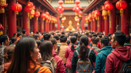 Vibrant crowd walking through traditional Chinese temple with red lanterns
