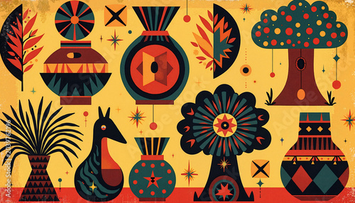 Colorful abstract shapes and vases on yellow background
