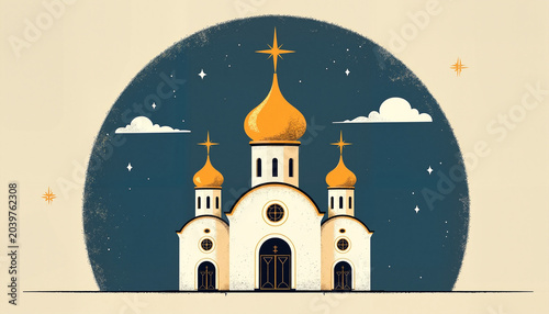 Illustration of a cathedral with golden domes against a night sky
