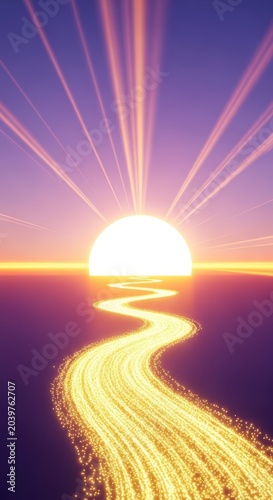Sunset road landscape with yellow path.