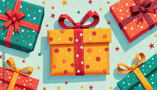 Colorful gift boxes with ribbons on light blue background
