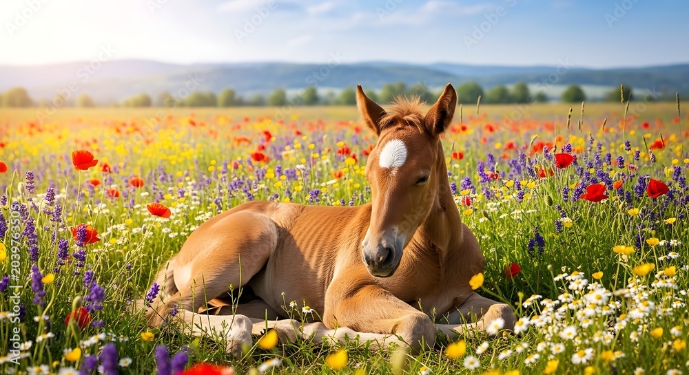 Fototapeta premium Young Chestnut Foal Resting in Colorful Wildflower Meadow