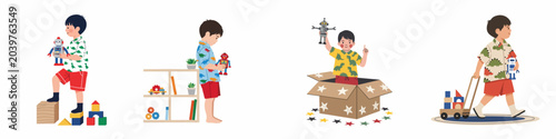 Fotografi A young boy enjoying playtime with various toys including robots, wooden blocks, and a cardboard box in four different illustrative scenes