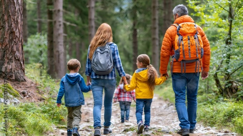 Family hiking together on a forest trail