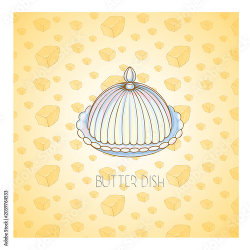 Butter dish with butter vector illustration. Dairy product in a classic butter container, perfect for food packaging, grocery branding, recipe design, menu graphics and kitchen related projects.