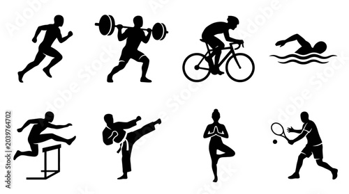 Black silhouettes of athletes in various sports.
