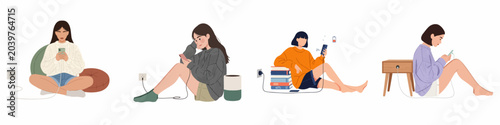 Set of illustrations showing young women using their smartphones while they are plugged in and charging, depicting modern digital lifestyle and device dependency.
