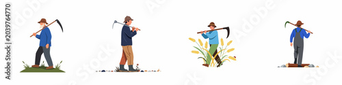 Φωτογραφία Set of flat vector illustrations featuring various male farmers carrying scythes and hoes, walking through fields and rural landscapes