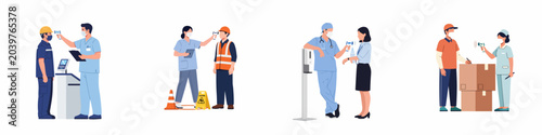 Quadro su tela Medical professionals performing temperature checks on diverse workers in various industries to ensure workplace safety during a pandemic, wearing protective masks