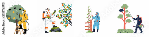 Flat vector illustrations of workers wearing protective hazmat suits while spraying fruit trees and gardens with pesticides for agriculture and crop protection.