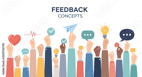 Diverse hands holding various symbols representing feedback, ideas, and communication concepts.