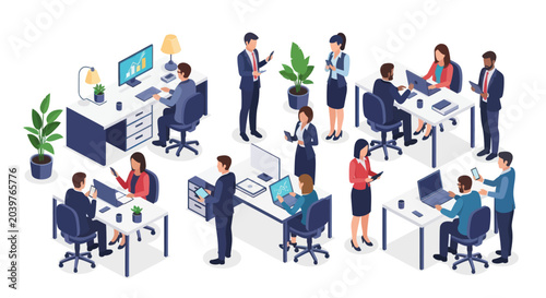 Isometric illustration of business people working together in a modern office.