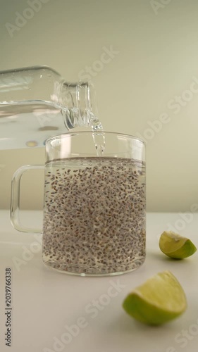 Fresh water pouring into a glass with chia seeds from a bottle on white table.