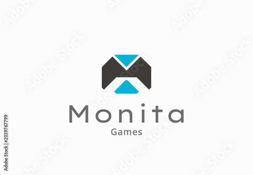 Monita games letter M logo template, abstract gaming controller and media player icon vector illustration