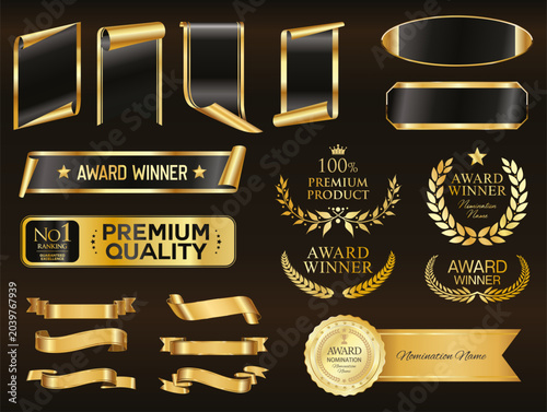 Price tags, black and gold ribbon banners. Sale promotion, website stickers, new offer badge collection isolated