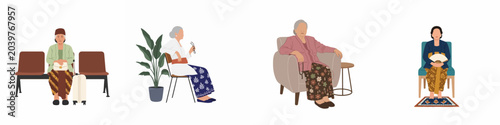 Set of four illustrations showing elderly Indonesian women in traditional Kebaya dress, sitting in various daily life and travel situations.