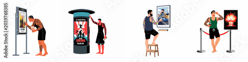 Vector illustration set of tattooed men interacting with various cinema advertisements, movie posters, and digital billboards in a flat design style.