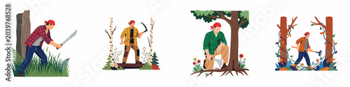 Foto Set of four flat illustrations featuring men performing various forestry tasks and land maintenance using tools like axes, machetes, and scythes in a woodland environment