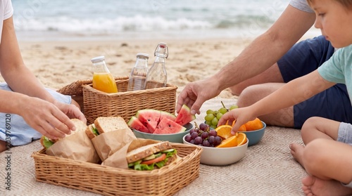 Family enjoying a picnic on the beach with sandwiches, fruits, and drinks arranged in wicker baskets on a sandy surface near the ocean