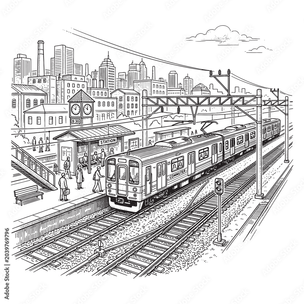 Naklejka premium Commuter Train at City Station Platform, Retro Urban Transit Engraving Style
