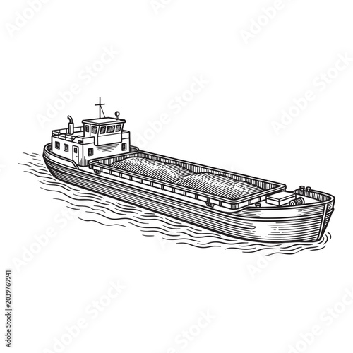 Schilderij op canvas Vintage River Freight Barge Ship, Detailed Commercial Maritime Inland Transport
