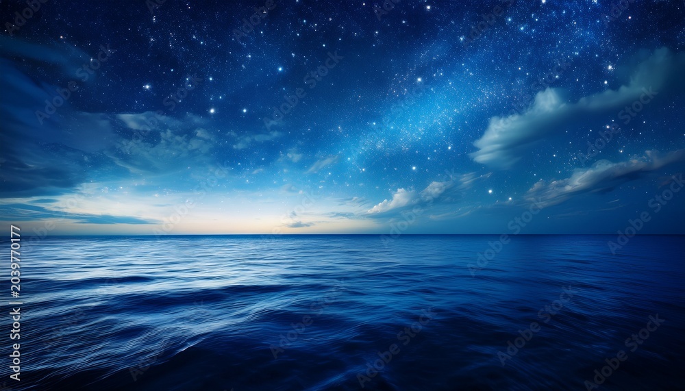 Fototapeta premium A Deep Blue Night Sky Filled With Stars And Clouds Illuminates The Dark Ocean Water Creating An Abstract Heaven Of Light And Space Over The Calm Sea