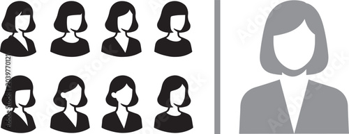 Female user profile avatar vector icons with minimalist silhouette design for business team and member placeholders