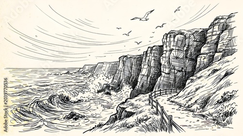 Rugged canyon landscape with flowing river and windswept skies in monochrome sketch art.

