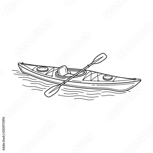 Fotografie Sea Kayak Paddler on Water, Detailed Vintage Action Watersports Sketch